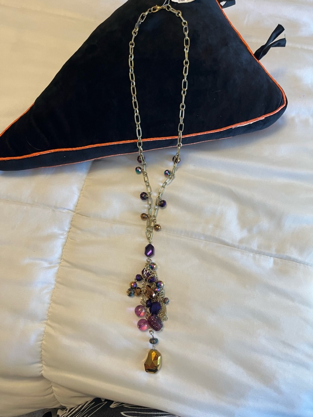 Gold-Tone Necklace with Purple and Pink Gemstone Cluster Pendant